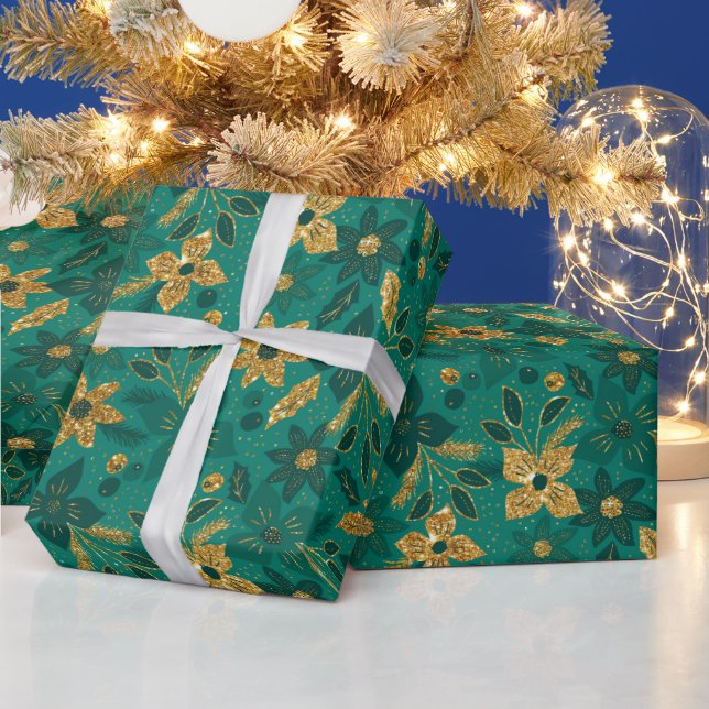 Guld- och gröna julstjärnor blommor presentpapper (Helgdagar)