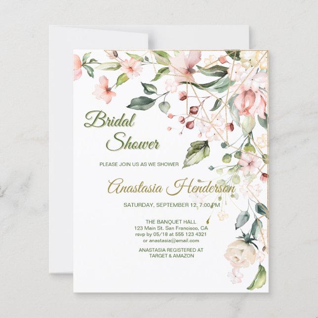 Guld och grönska/BUDGET-Bridal Shower-inbjudan. (Framsida)