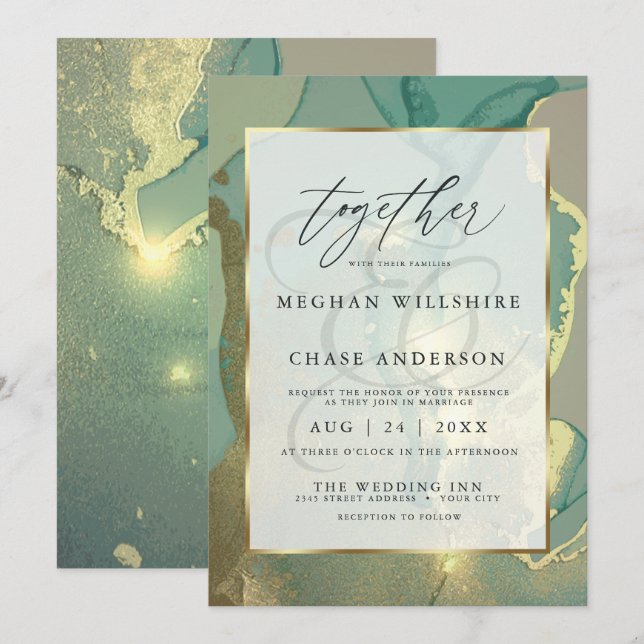 Guld och Grönt Alcohol Bläck Watercolor Inbjudningar (Fram/baksida)