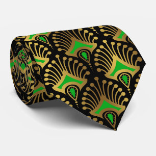 Guld och grönt Art Deco mönster på svart Slips