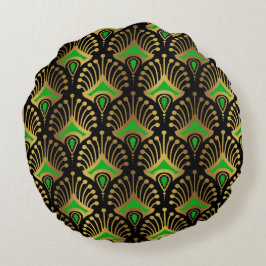 Guld och grönt Art Deco, sömlös mönster Rund Kudde