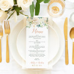 Guld och Grönt Blommigt Bröllop Meny<br><div class="desc">Menyn för menykortsdesign i bröllop innehåller skript med anpassningsbarnas ordalydelse och ett monogram som kan vara helt personlig och som ramas av en vattenfärgsdesign för blommigt med färgat ro, ranunculus-blommor och löv. Färg omfattar neutralter av vitt, kräm, rosa, guld, grönt och grått/mjukt svart mörk. Perfekt för ett vår- eller sommarevenemang....</div>