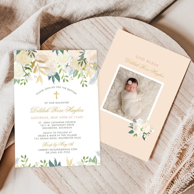  Guld och Grönt Blommigt Flicka-baptism Inbjudningar (Skapare uppladdad)