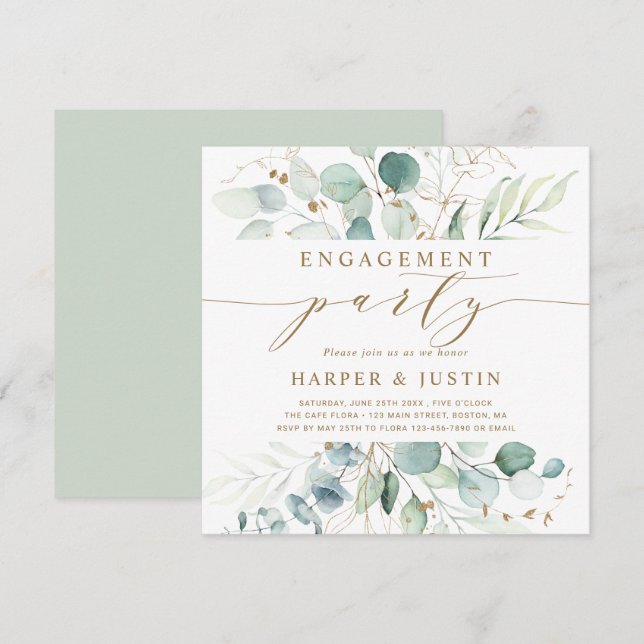 Guld och Grönt Botaniska Förlovningsfesten Square Inbjudningar (Fram/baksida)