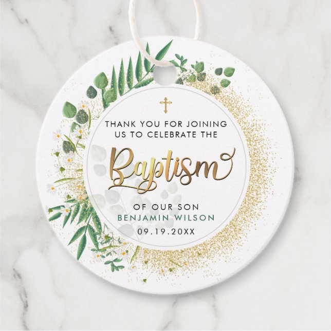 Guld och Grönt botaniskt baptism Tack Gåvor Etiketter (Framsida)