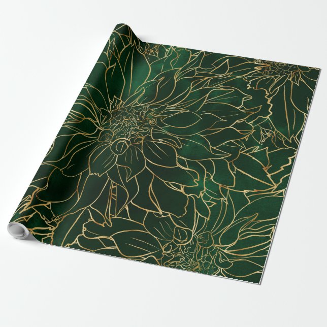 Guld och Grönt Dahlia Flower Presentpapper (Utrullad)