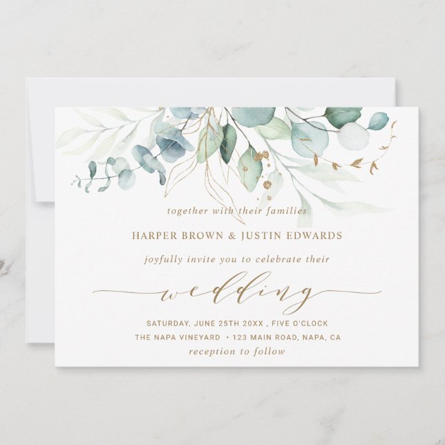 Guld och Grönt Elegant Botaniska Bröllop Inbjudningar (Framsida)