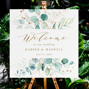 Guld och Grönt Elegant Botaniskt Bröllop Välkommen Poster