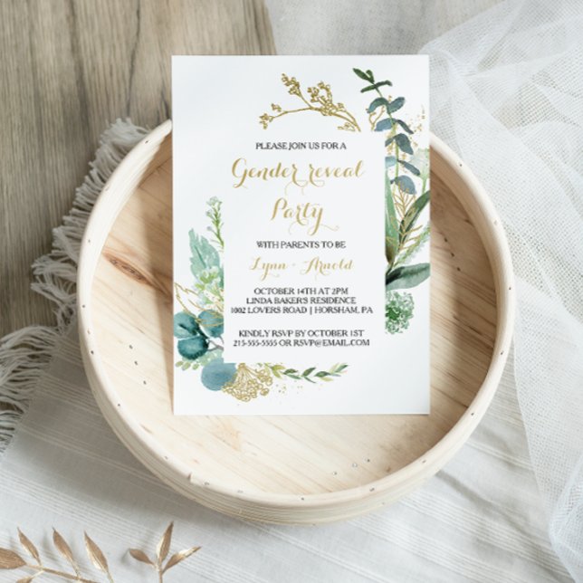 Guld och Grönt Eucalyptus Gender Reveal Party Inbjudningar (Skapare uppladdad)