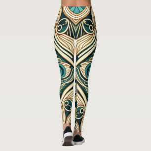 Guld och grönt Fågelfjädrar i abstrakten struktur Leggings