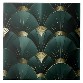Guld och Grönt Fläkt, Art Deco, Metallic Stil Kakelplatta