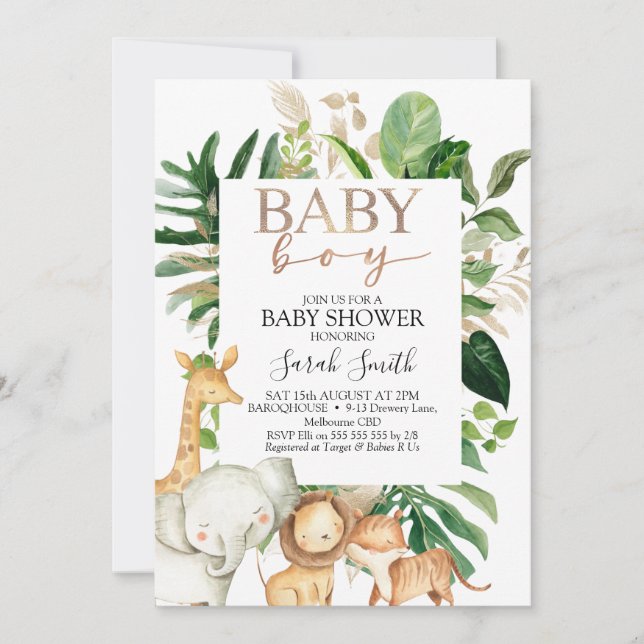 Guld och Grönt Foliage Boys Safari Baby Shower Inbjudningar (Framsida)