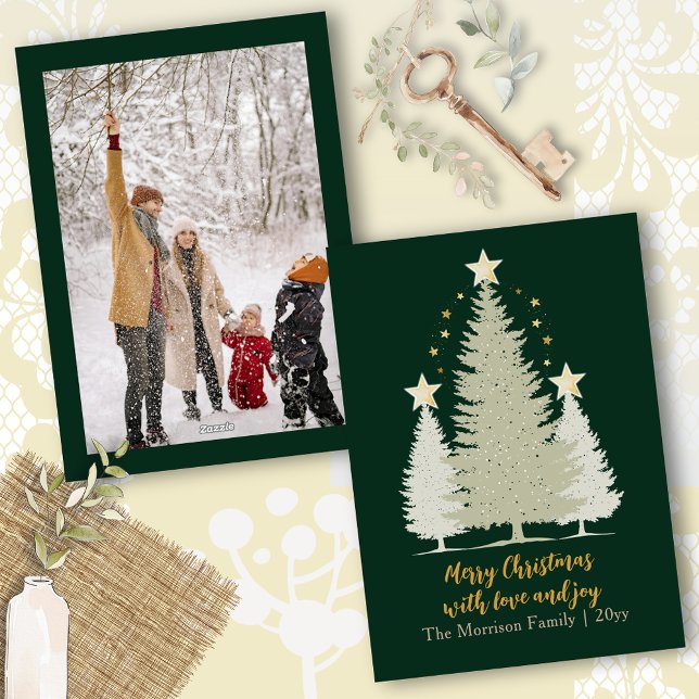 Guld och Grönt Julgran och stjärnfoto Julkort (Gold and Green Christmas Tree and Stars Photo Holiday Card)
