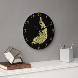 Guld och grönt pacock Elegance Wall Stor Klocka