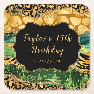 Guld och Grönt Safari Agate Birthday Underlägg Papper Kvadrat