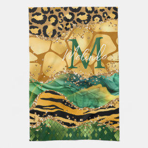 Guld och Grönt Safari Animal Print Agate Kökshandduk