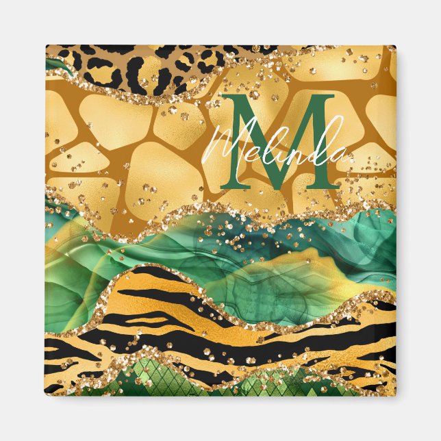 Guld och Grönt Safari Animal Print Agate Magnet (Framsidan)