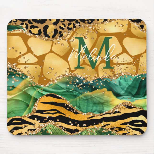 Guld och Grönt Safari Animal Print Agate Musmatta (Framsidan)