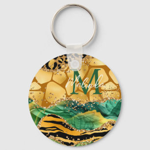 Guld och Grönt Safari Animal Print Agate Nyckelring