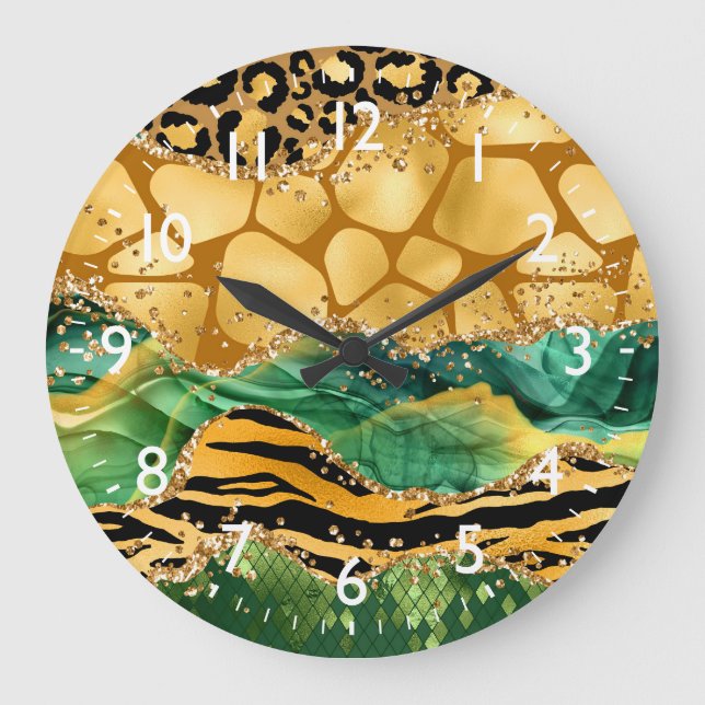 Guld och Grönt Safari Animal Print Agate Stor Klocka (Framsida)