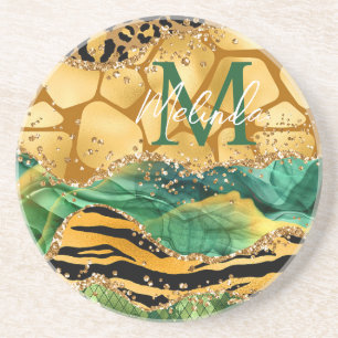 Guld och Grönt Safari Animal Print Agate Underlägg