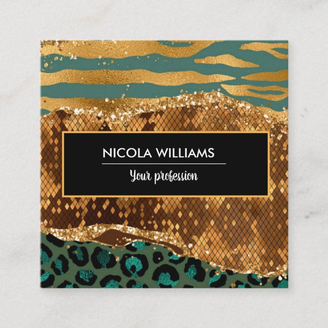 Guld och Grönt Safari Jungle Animal Print Agate Fyrkantigt Visitkort (Framsida)