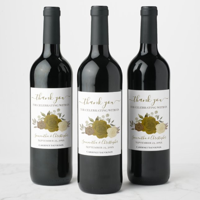Guld och Gul ros Elegant bröllop Tack Vinflaska Etikett (Flaskor)