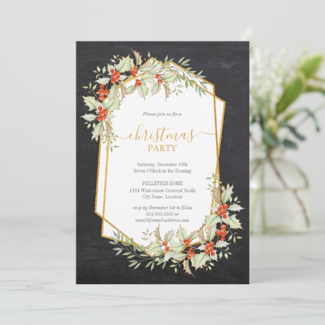 Guld och Holly | Geometric Chalkboard-jul Inbjudningar (Stående Fram)