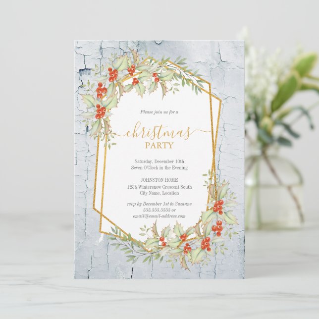 Guld och Holly | Geometric Rustic-jul Inbjudningar (Stående Fram)