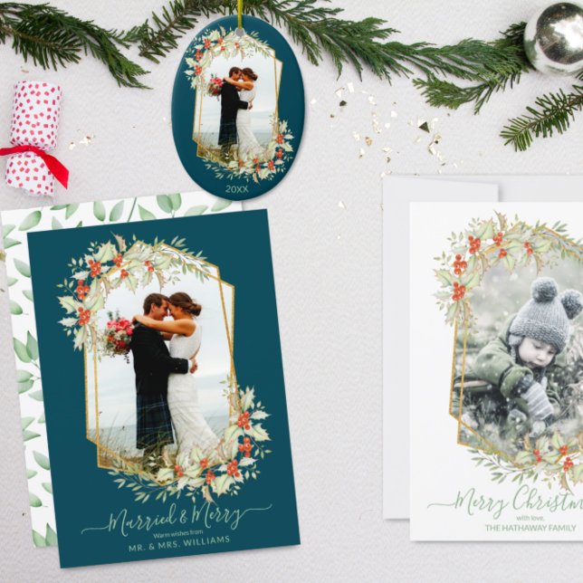 Guld och Holly Married & Merry | Geometriskt foto Julkort (Skapare uppladdad)