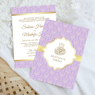 Guld och Lavender Damask Islamic Muslim Bröllop Inbjudningar