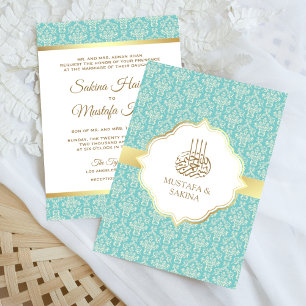 Guld och Light Teal Damask Islamic Muslim Bröllop Inbjudningar