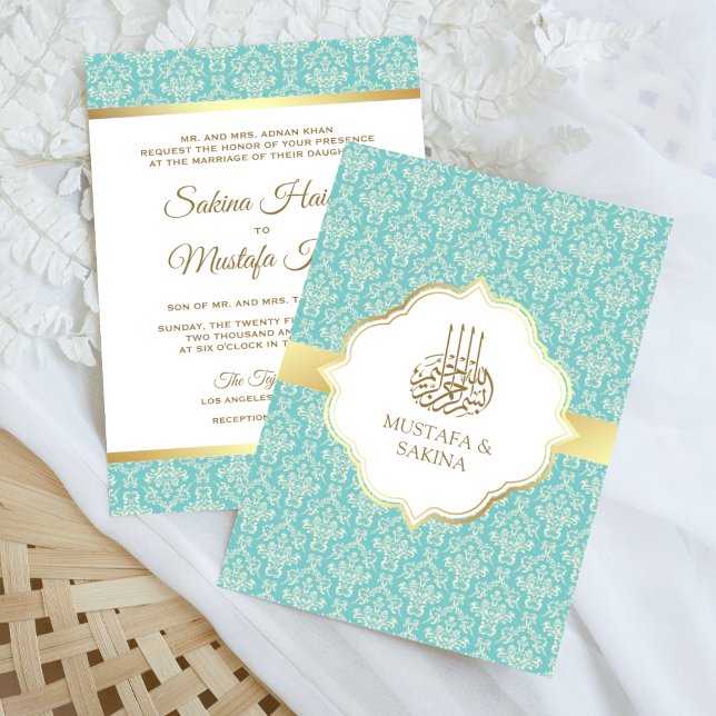 Guld och Light Teal Damask Islamic Muslim Bröllop Inbjudningar (Skapare uppladdad)