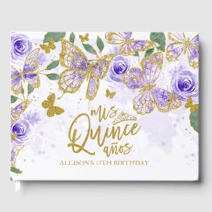 Guld och Lila Butterfly Blommigt Quinceanera Gästböcker
