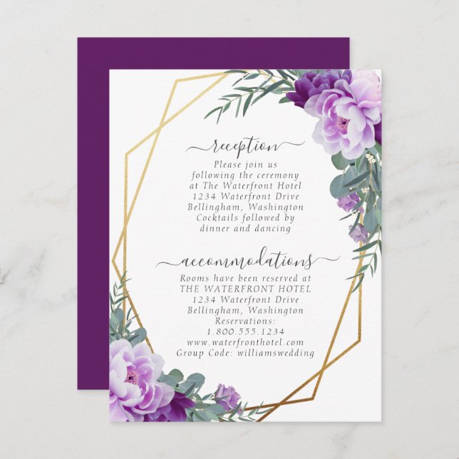 Guld och lila elegant blomsterinspiration för bröl tilläggskort (Fram/baksida)