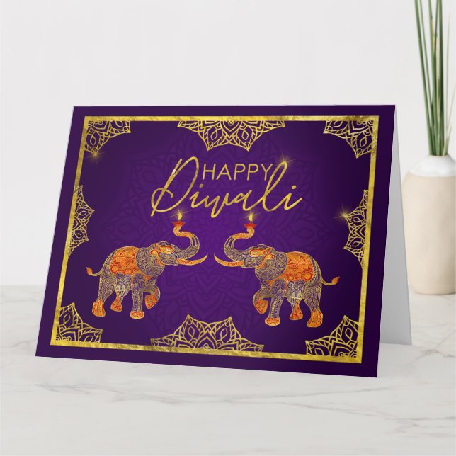 Guld och lila Elephants Lycklig Diwali Card Kort (Framsida)