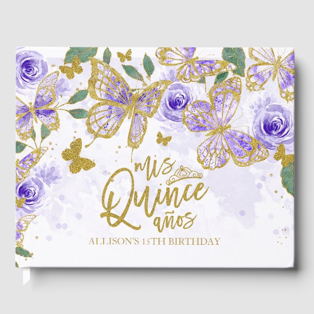 Guld Och Lila Fjäril Blommig Quinceanera Gästböcker (Framsida)