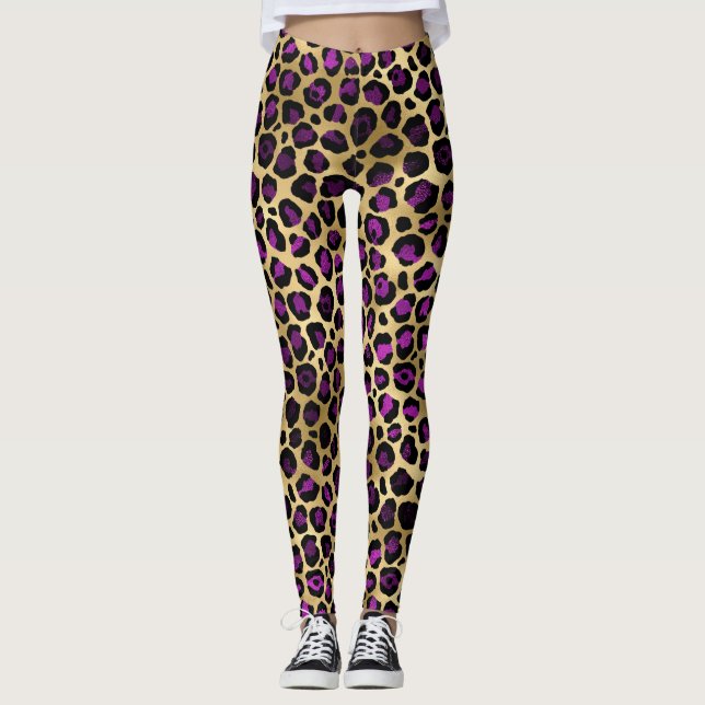 Guld och Lila Leopardlegeringar Leggings (Framsida)