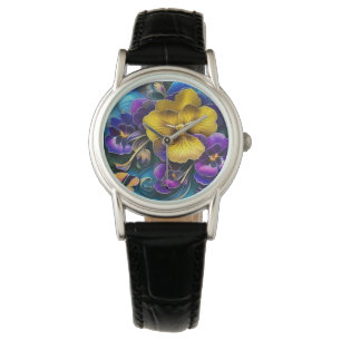 Guld och Lila Pansy Patch Armbandsur