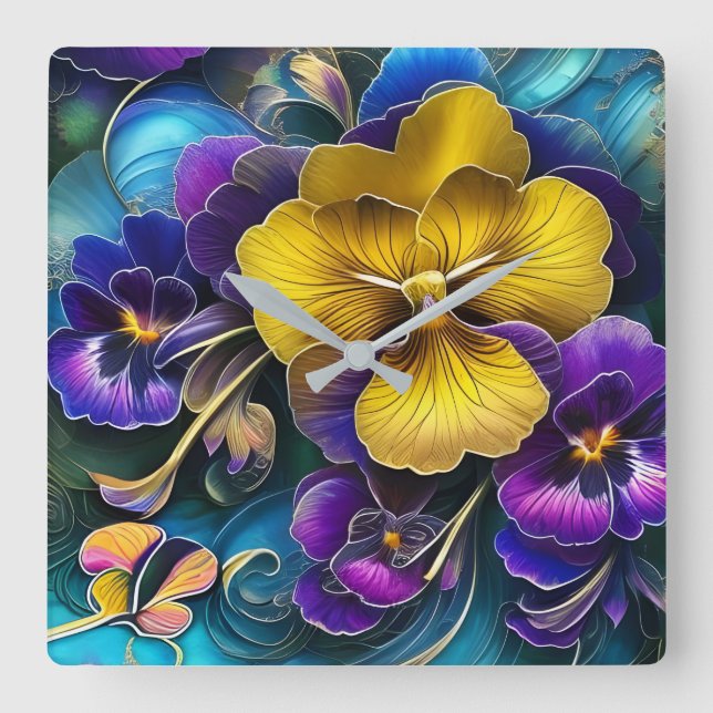 Guld och Lila Pansy Patch Fyrkantig Klocka (Framsida)