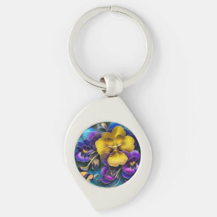 Guld och Lila Pansy Patch Swirl Silverfärgad Nyckelring