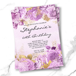 Guld och Lilac Blommigt Watercolor 60 Birthday Inbjudningar
