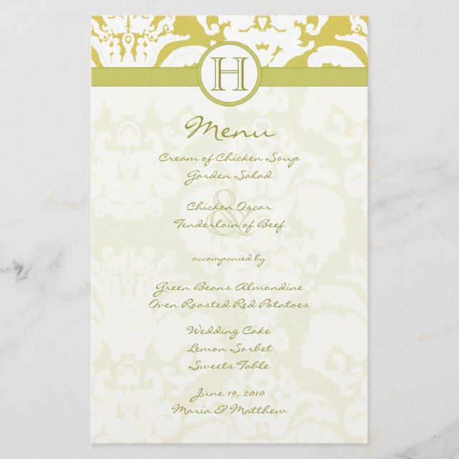 Guld och Lime Damask Wedding Menu (Framsida)