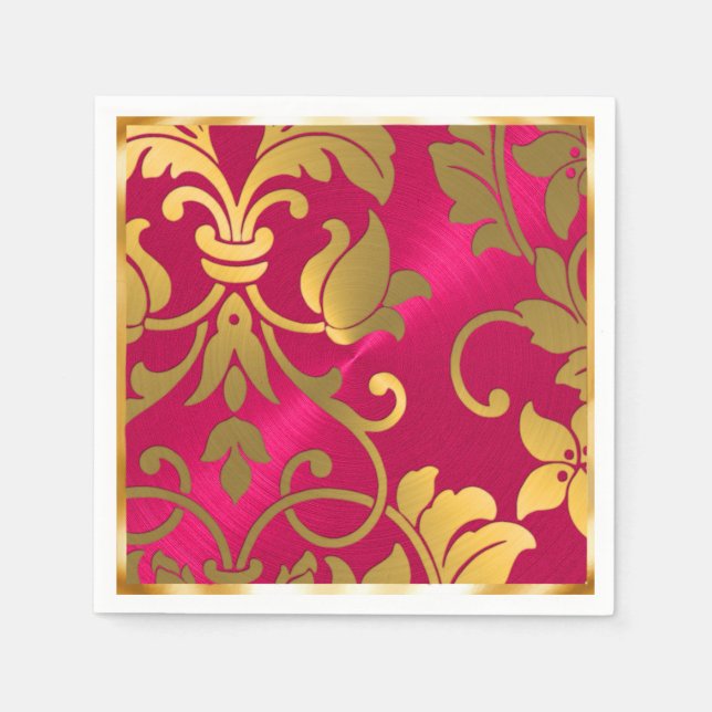 Guld och Magenta Rosa Damask Pappersservett (Framsidan)