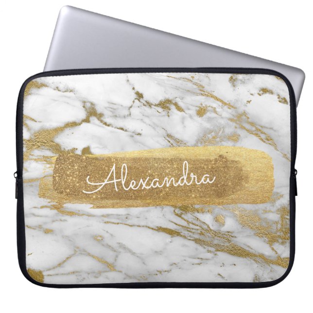 Guld och Marble med guldolja och Glitter Laptop Sleeve (Framsidan)