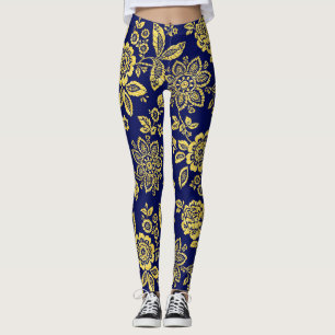 Guld och marin Blommigt, styliserad stencil Leggings