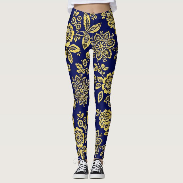Guld och marin Blommigt, styliserad stencil Leggings (Framsida)