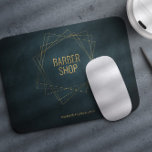 Guld och marin geometri för lyxbarber<br><div class="desc">Barbershop-musmattan med faux guld-geometriska former och typografi på en vintage stil mörk-marin blå kritbakgrund.              Lämpligt för hårstavning,  skräddarsydda tjänster,  salon eller boutiques av elegant</div>