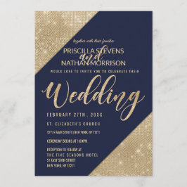 Guld och marinblå faux Glitter Sequin Bröllop Inbjudningar