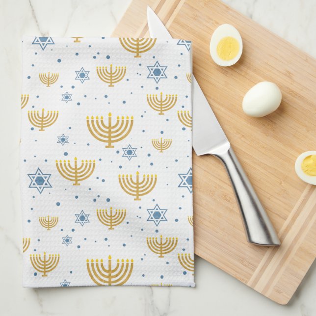 Guld och marinblå Hanukkah Menorah Mönster Kökshandduk (Vikt i Fjärdedel)